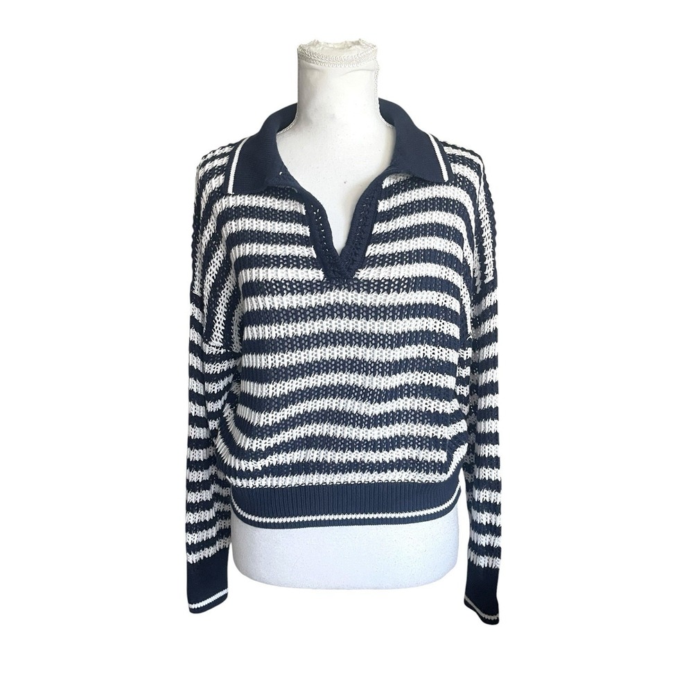 525 America Kimberly Cotton Navy Stripe Open Knit Polo Sweater XS Coastal Preppy - Picture 7 of 15
